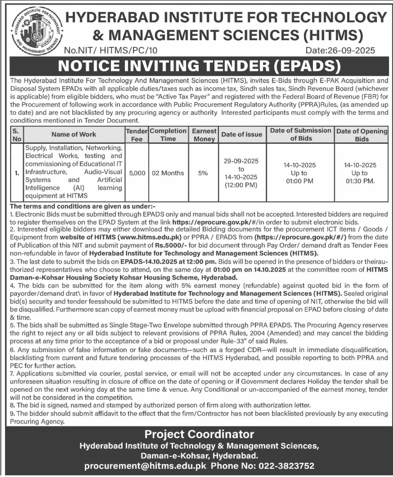 Hyderabad Institute for Technology & Management Sciences Tender Notice